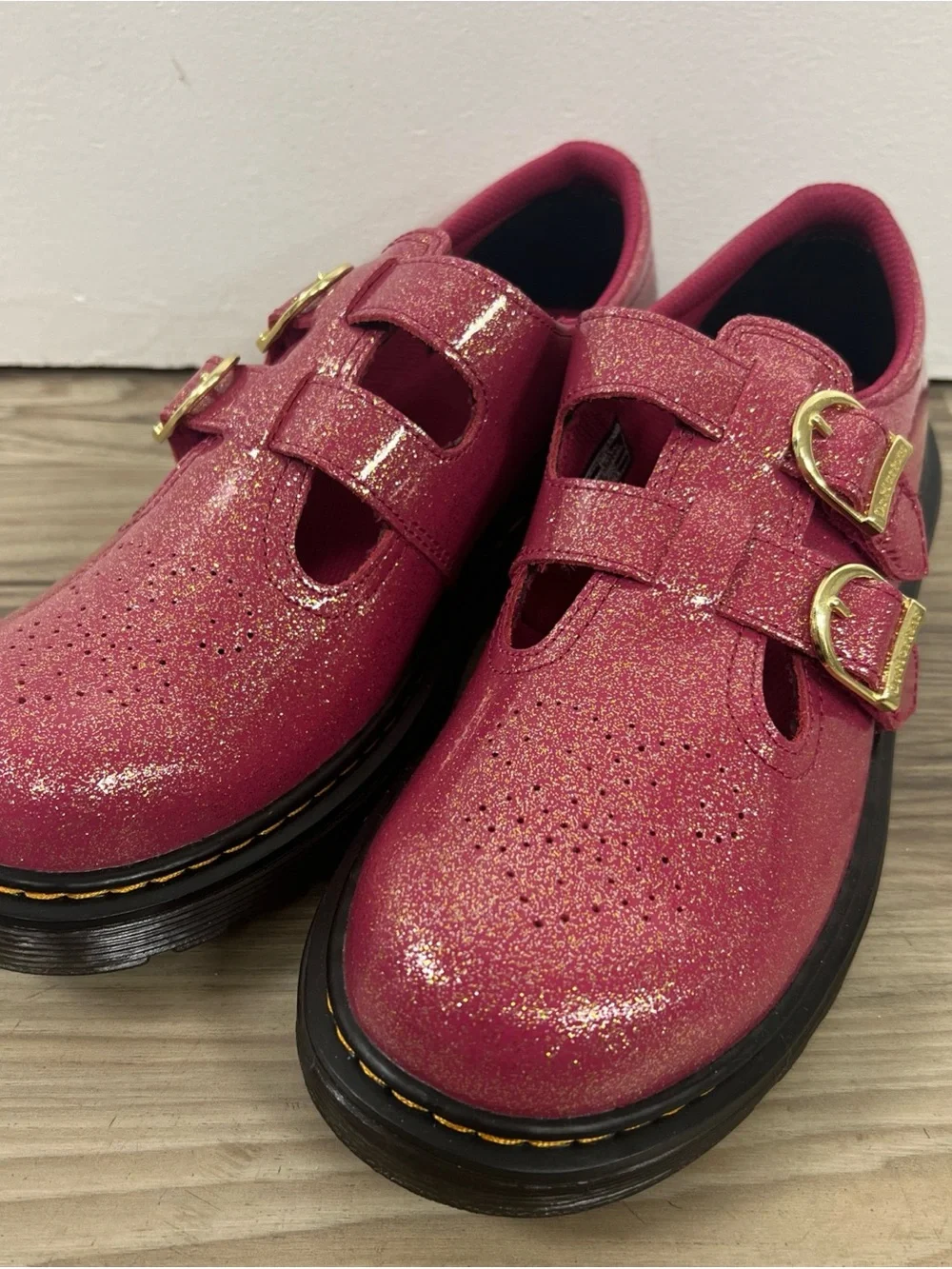 Dr. Martens 8065 Y Mary Jane Pink Glitter Double Strap Shoes Women 6/EU37 NWOB